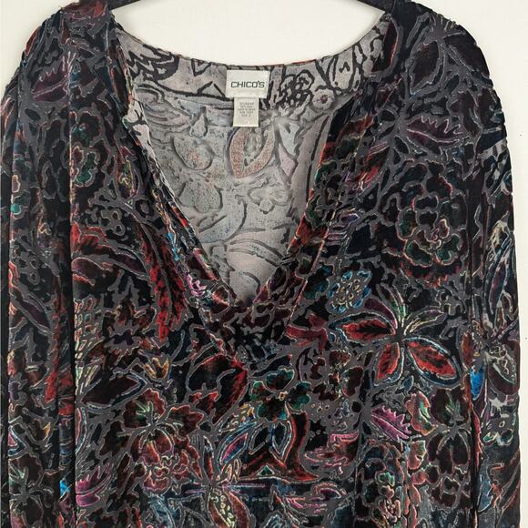 Chico's Floral Semi Sheer Burnout Velvet Silk Blend Tunic Size 2 | Large - Picture 2 of 8